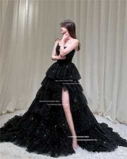 Xijun Glitter Black Long Evening Dresses Tiered Sleeveless Korean Wedding Dresses Photo Shoot Formal Prom Dresses Customized
