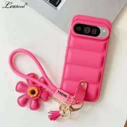 Cartoon Sunflower Down Jacket Lanyard Phone Case for Google Pixel 5 6 7 8 9 10 Pro 9A 7A 6A 5A Hand Wrist Strap Soft TPU Cover