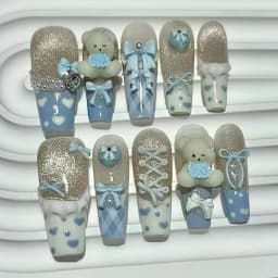 10PCS Cute 3D Bow Teddy Bear Pink French Handmade Press On Nails Lolita Kawaii Bunny Long Fake Nails Pearls Glitter Nail Art