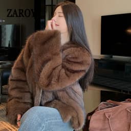 ZAROY 2027 Winter Faux Fox Fur Coat Chic Women Brown Luxury Fluffy Soft Warm Fur Jacket Fashion Colarless Cardigan Fur Outerwer