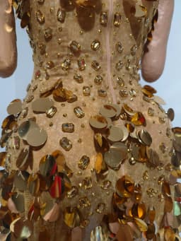 Sparkly Gold Rhinestone Sequins Sexy Strapless Mesh See Through Mini Dress Women Eveing Birthday Party Nightclub Stage Costume