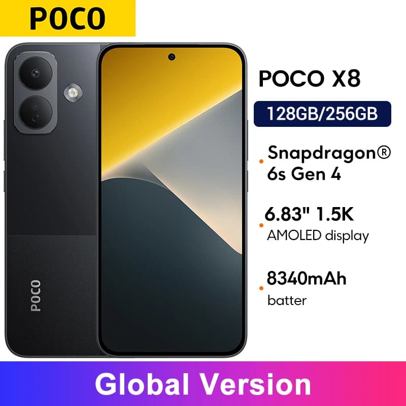 Global Version POCO X8 Snapdragon® 6s Gen 4 Smartphone NFC 50MP main camera 8340mAh 6.83" AMOLED display 67W HyperCharge