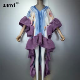 WINYI Summer Pleated Elastic Maxi Kaftan Boho Evening Dress Elegant Beach Cover Up Luxury Party Dress Dubai Style Abaya