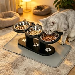 Black Cat Ear 3 Bowls Rack Elevated Cat Feeder Stand Non-slip Silicone Waterproof Anti-dirty Cat Bowl Mat for Cats Dogs