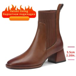 Women Ankle Boots Split Cow Leather Chunky High Heel Knitted Wool Slip on Quality Designer Spring Fall Sock Boots Big Size 42