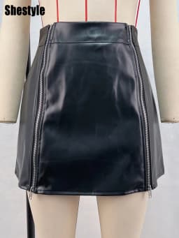 Shestyle PU Leather Zipper Fly A-Line Skirt Women Black High Waist Double Zip Elegant Slit Mini Clothes Office Lady Festival