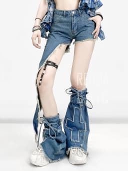 REDDACHiC Asymmetrical Denim Shorts Star Plaid Coverups Leg Warmers Women Set Trendy New Low Rise Pants Summer Retro Y2k Clothes