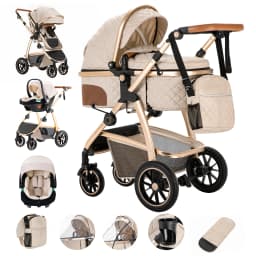 3 in 1 Prams Travel System, Pushchair with Height Adjustable Handle, Travel Pram with Mosquito Net, Baby Stroller with Aluminum