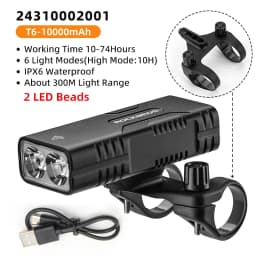 ROCKBROS Bicycle Light 2T6 LED 10W 10000 mAh Bike Front Lamp Flashlight Cycling Equipment MTB Road Bike Flashlight