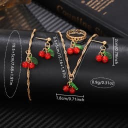 5/6 PCS/Set Red Women's Watch With Minimalist Elements Dial Quartz Watch Latex Strap Cherry Elements Jewelry Set Girl's Gift