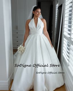 SoDigne A-line Satin Simple Wedding Dresses Sleeveless Halter Bridal Dress Long Wedding Gown Robe De Mairee Customized