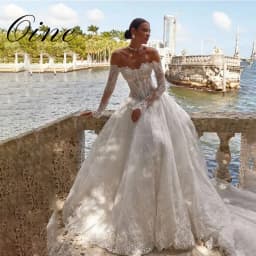 Oine Bohemian Off Shoulder A Line Lace Appliques Wedding Dress Long Sleeves Exquisite Vestidos De Novia Sweep Train Customized