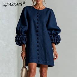 Elegant Solid Dresses Women Round Neck Lantern Sleeve 3D Flower Cuff Decorative Button Loose Short Dress Casual Streetwear Dress