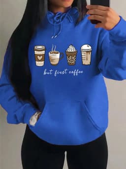 But First Coffee Cartoons Coffee Drinks Pattern Hoodies Fashion Warm Hoody Casual Trendy Sweatshirt Street Women Pullovers