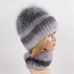 Women's Winter Warm Genuine Fur Hat Scarf Set Real Rex Rabbit Fur Cap with Silver Fox Scarves 2-Piece Natural Fashion Accessory