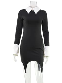 CNYISHE Turn-down Collar Solid Patchwork Long Sleeve Women Dresses Hip Wrap Fashion Sheath Outfits Female Sexy Club Bodycon Robe