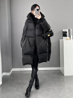 Black White Hooded down jacket for women Winter Oversized Thick warm Pockets puffer coat Lady Long Feathers Outwear INKEO 3O129