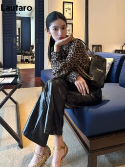 Lautaro Spring Shiny Crocodile Print Pu Leather Straight Pants Women Luxury Designer Clothes Chic High Waist New Collection 2026