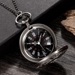 Large classical black dual display Roman retro watch with black face, Roman letters, white needles, nostalgic pocket watch