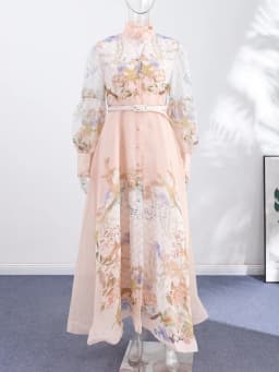 Lace Printed Women's Dress Elegant Half High Collar Loose Sleeve Single Breasted Belt Female Skirt 2026 Summer Lady Draped Robe