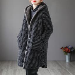 Women's Fleece Lined Thickened Long Cotton Jacket Loose Striped Hooded Coat Korean Style Winter Outerwear Casual Coat