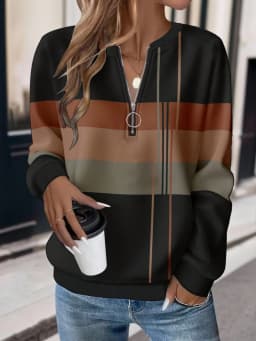Casual Zipper Hoodie with Regular Fit Mid Length Japanese Korean Casual Digital Print Long Sleeve Striped Spring Women Hoodie
