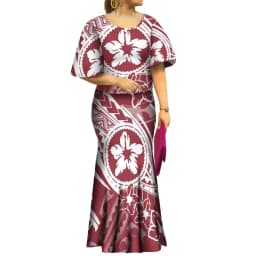 2022 New Samoan Puletasi Set Monstera Leaf Print Bat Sleeve Ptaha Blue Polynesian Top Maxi Fishtail Skirt Womens 2 Piece Set