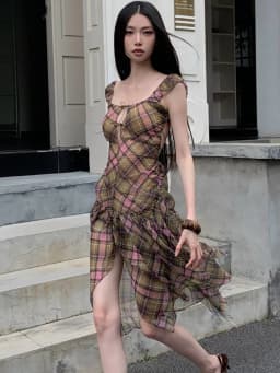 Summer Plaid Chiffon Chic Backless Sexy Sling Dress Women Elegant Bandage Casual Dress 2026 Korean Bodycon Luxury Evening Dress