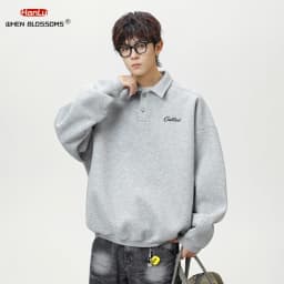 HANGLU 2025 Men's Oversized Collar Sweatshirt Vintage Button Placket Long Sleeve Polo Pullover Loose Fit Streetwear Top