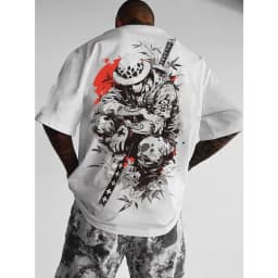 One Piece Trafalgar Law Back Print White T-Shirt Spotted Hat Tattoos Kikoku Sword Red Splatter Bamboo Leaves Anime Cotton Tee
