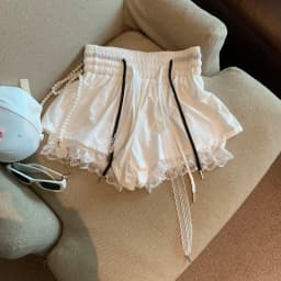 Women's Patchwork Fake Two-piece Lace Shorts High Elastic Waist Drawstring A-shaped Casual Shorts Pants