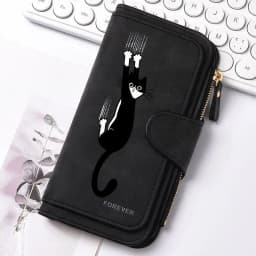 Featuring a cat motif this women's long wallet offers multiple card slots a coin pocket and a cell phone pouch A perfect gift