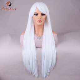 White wig with bangs Natural Length Straight wig for women Heat Resistant Fiber Synthetic wig for everyday Cosplay (28 inches)