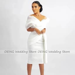 Customized Short Wedding Dress White Off the Shoulder Sheath/Column Wedding Gown for Women Bride Knee Length Beaded Bridal Gown
