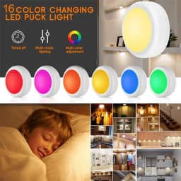 Battery Operated Puck Lights,16 Color Changing LED Push Lights Wireless,Warm/White Rechargeable Light for Under Cabinet,Closet