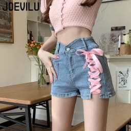Pink Cross Denim Shorts  Tie Decorative Hot Trousers Shorts Female Summer New High Waist Thin A-line Shorts Womens Clothing