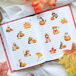 500Pcs /1 Rolls 2.5cm/1inch Autumn Maple Leaves and Cats Sticker Decoration Gift Box Sticker Label Stationery Sticker