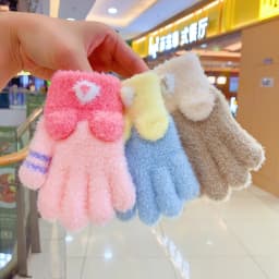 3-6 Years Winter Fuzzy Plush Gloves 3D Plush Animal Ears Color‑Block Windproof Warm Full Finger Gloves For Toddler Boys Girls