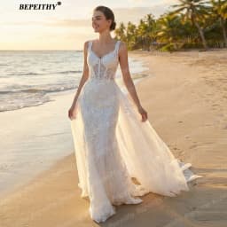 BEPEITHY Bride Customized Mermaid Lace Boho Wedding Dresses Women Long Glitter Detachable Train Bridal Gown Vestidos De Novias