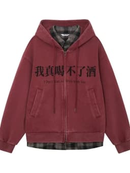 Men Fake Two Piece Lined Checkered Zipper Hoodie Fun Text Printed Warm Sweatshirt Harajuku Street Neutral Loose Sportswear