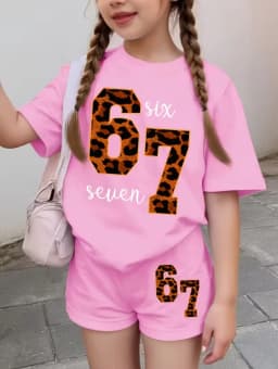 Funny Six Seven Italian Brainrot 67 Leopard Print Kids Short Sleeve Suit Children Clothing T-Shirt+ Shorts 2pc Set Girls Clothes