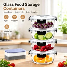 SIAZIH 1300 ML Round Glass Food Containers (With Lids), Set of 4, Airtight Food Storage Containers, BPA-Free