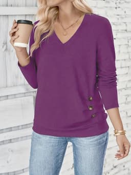 Plus Size Button Decor Ruched T-Shirt, Casual V Neck Long Sleeve Top For Spring & Fall Women's Plus Size Clothing