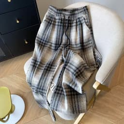Blue Plaid Thickened Woolen Casual Pants Straight Leg Wide Leg Floor Length Trousers Autumn Winter New Style Trendy Women's Long