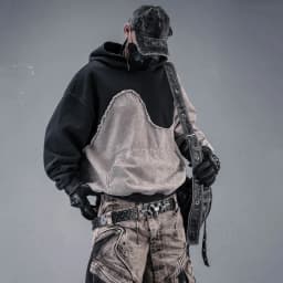 Contrast Color Patchwork Techwear Style Casual Hoodies Man Autumn Tactical Function Washed Distressed Design Long Sleeve Tops