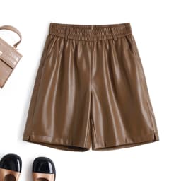 Fashionable Stylish 100% Leather Five-Point Pants For Women Femme Elastic Waist Wide Leg Shorts With Pocket