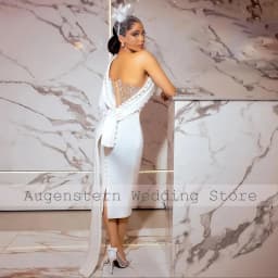 Customized Civil Wedding Dress One Shoulder Feather Long Sleeve Court Wedding Gowns Midi Sheath Pearl Applique Bridal Gown Short