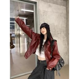 American Retro Red Flip Collar Leather Jacket Women's High-End Short Style Autumn New Sweet Cool Loose Fit Top PU Leather