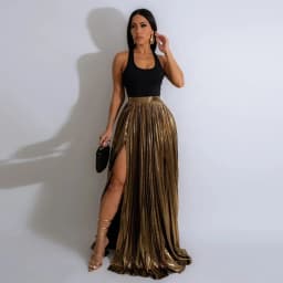 CM.YAYA Women Fashion 2024 Spring High Side Split Big Swing Pleated Floor Length Skirt High Waist Street Party Long Maxi Skirts