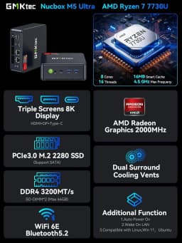 GMKtec M5 Ultra Nucbox Mini PC AMD Ryzen 7 7730U DDR4 3200MT/s Dual Fan Triple Display WiFi6E BT5.2 Desktop Computer Win11 Pro